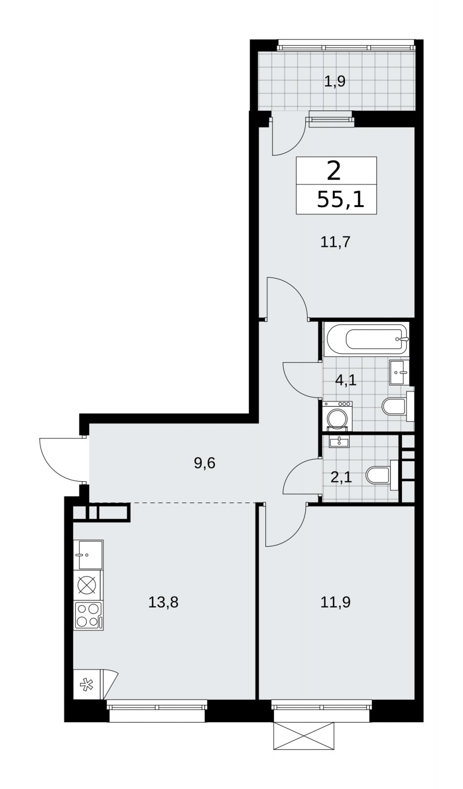 2-комнатная квартира с частичной отделкой, 55.1 м2, 6 этаж, сдача 2 квартал 2026 г., ЖК Дзен-кварталы, корпус 4.1 - объявление 2251454 - фото №1