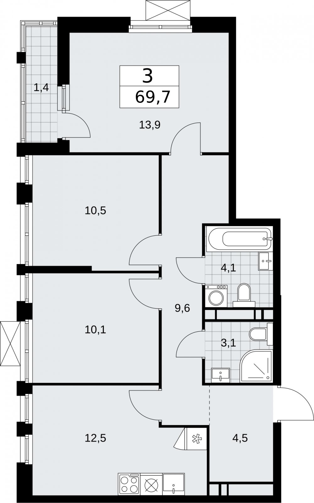 3-комнатная квартира с частичной отделкой, 69.7 м2, 18 этаж, сдача 2 квартал 2026 г., ЖК Бунинские кварталы, корпус 5.1 - объявление 2297100 - фото №1