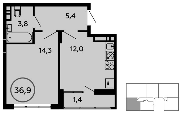 1-комнатная квартира без отделки, 36.9 м2, 11 этаж, сдача 1 квартал 2023 г., ЖК Скандинавия, корпус 2.14.1 - объявление 1499116 - фото №1