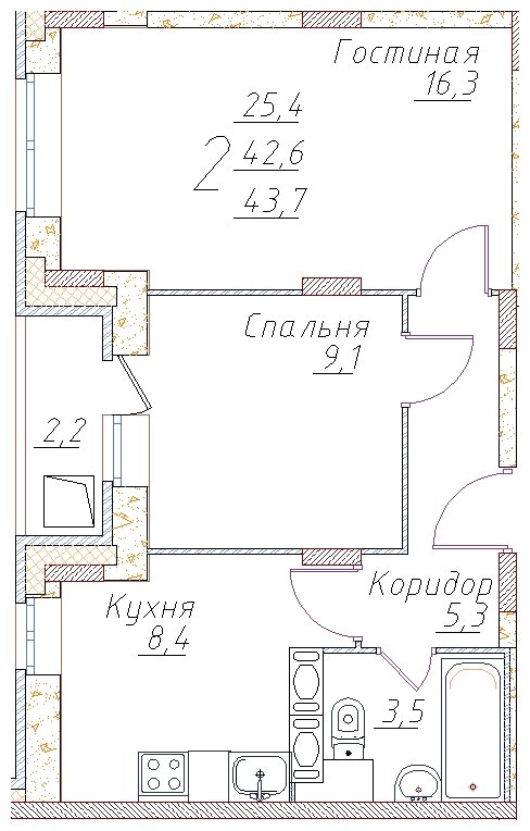 2-комнатная квартира без отделки, 43.7 м2, 17 этаж, сдача 4 квартал 2022 г., ЖК Полет Купавна, корпус 1 - объявление 1693725 - фото №1