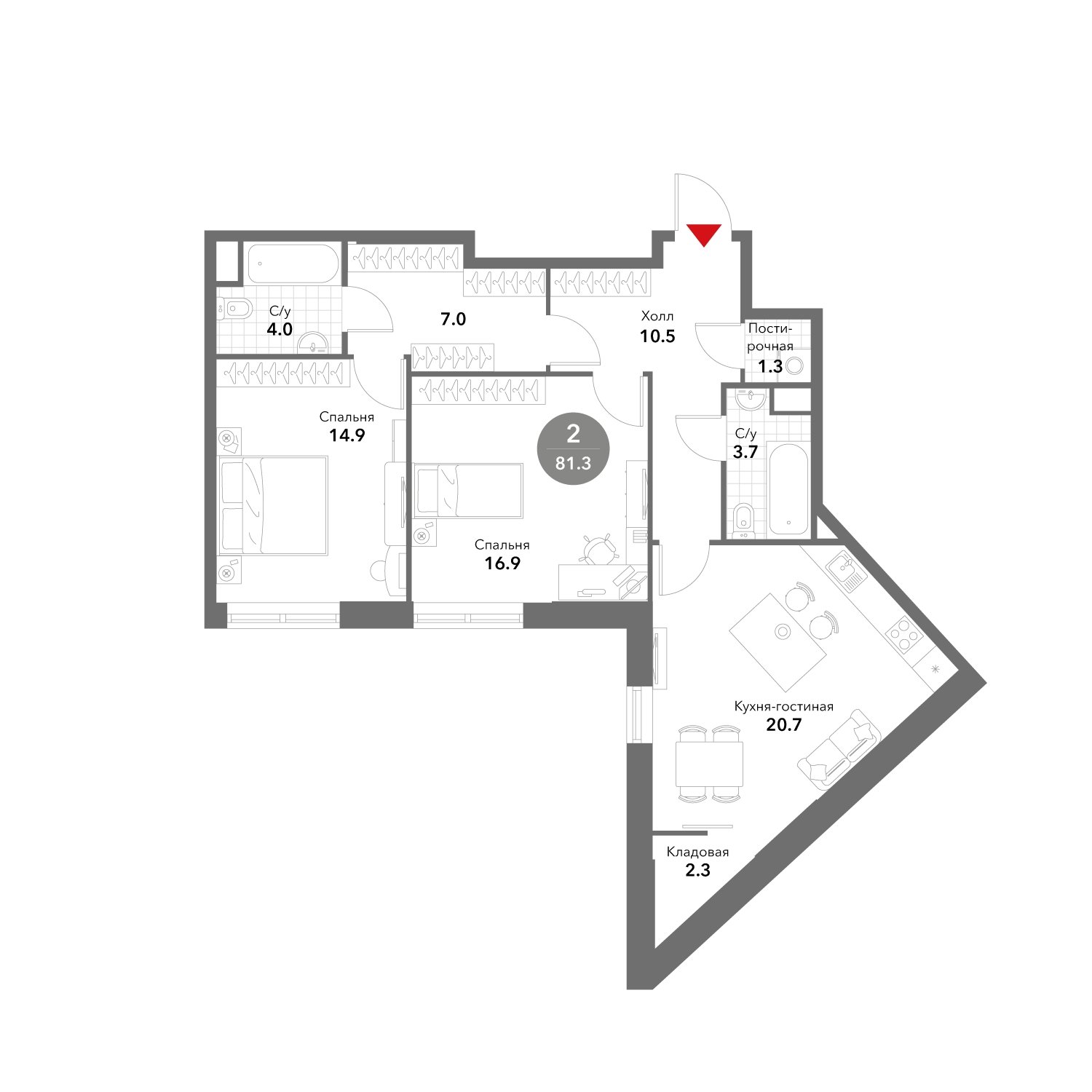 3-комнатная квартира без отделки, 81.3 м2, 13 этаж, сдача 3 квартал 2025 г., ЖК VOXHALL, корпус 2 - объявление 1981870 - фото №1