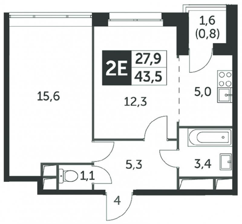 2-комнатная квартира (евро) без отделки, 43.4 м2, 21 этаж, дом сдан, ЖК Датский квартал, корпус 2 - объявление 2333532 - фото №1
