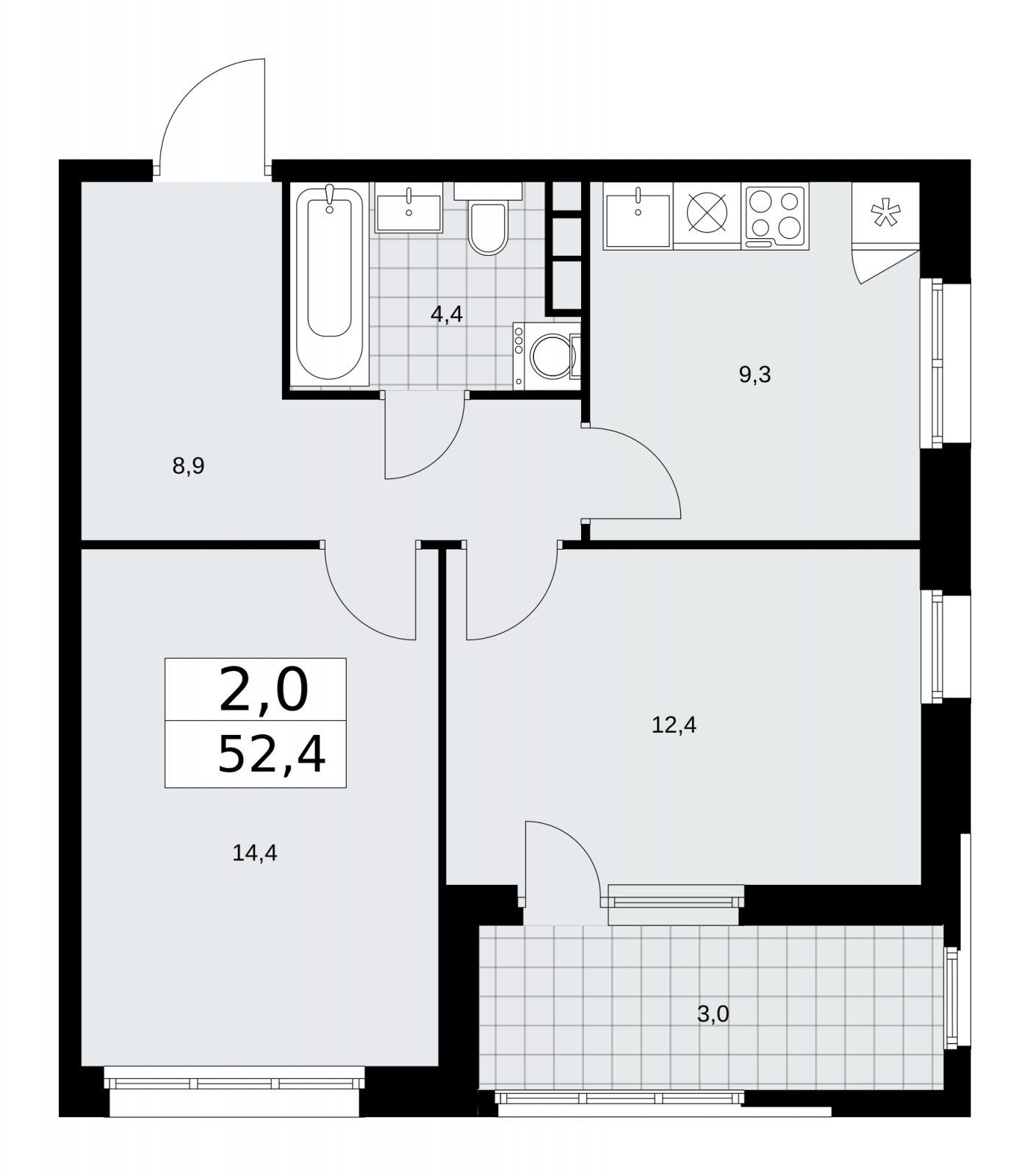 2-комнатная квартира без отделки, 52.4 м2, 10 этаж, сдача 1 квартал 2026 г., ЖК Дзен-кварталы, корпус 3.1 - объявление 2240843 - фото №1