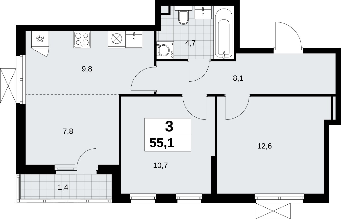 3-комнатная квартира (евро) без отделки, 55.1 м2, 2 этаж, сдача 2 квартал 2026 г., ЖК Дзен-кварталы, корпус 6.1.1 - объявление 2326942 - фото №1