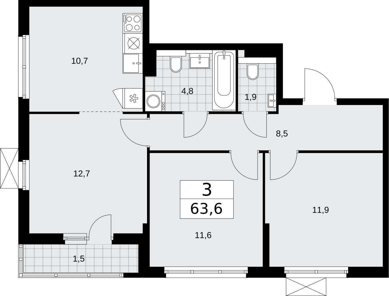 3-комнатная квартира с полной отделкой, 63.6 м2, 8 этаж, сдача 2 квартал 2026 г., ЖК Бунинские кварталы, корпус 7.1 - объявление 2319213 - фото №1