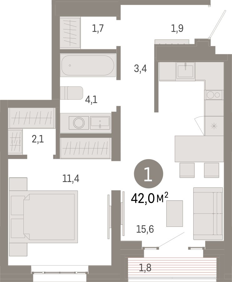 1-комнатная квартира с частичной отделкой, 42 м2, 10 этаж, сдача 3 квартал 2026 г., ЖК Квартал Метроном, корпус 1 - объявление 2310734 - фото №1