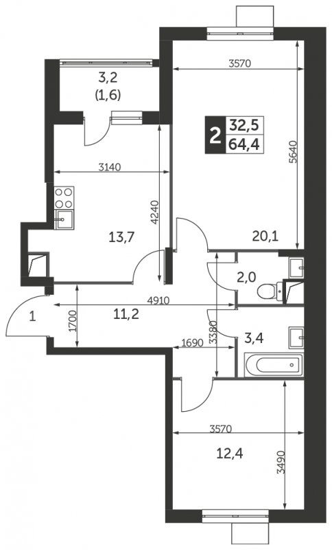 2-комнатная квартира без отделки, 64.4 м2, 2 этаж, сдача 3 квартал 2023 г., ЖК UP-квартал Римский, корпус 7 - объявление 1329261 - фото №1