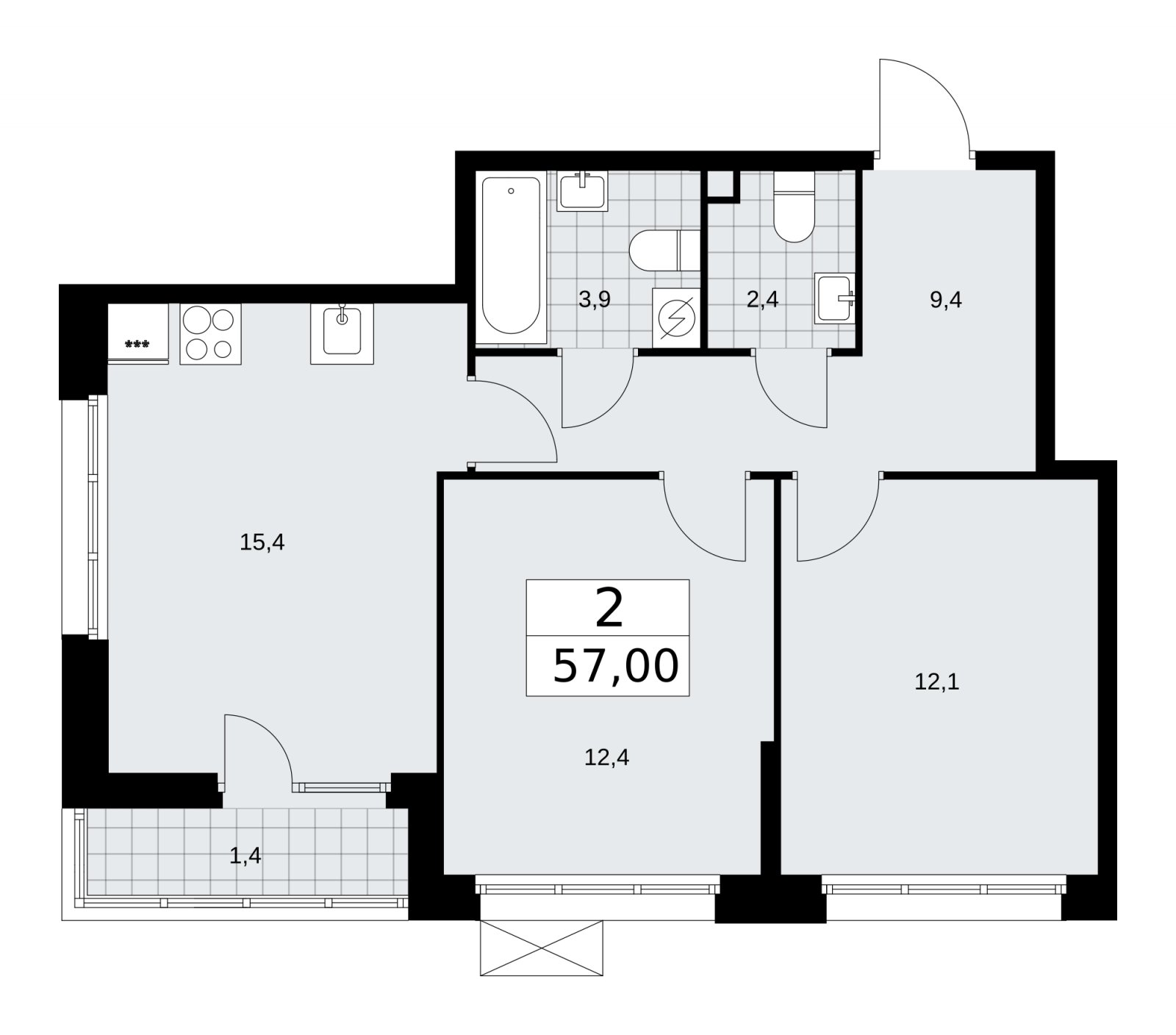 2-комнатная квартира без отделки, 57 м2, 2 этаж, сдача 3 квартал 2025 г., ЖК Бунинские кварталы, корпус 3.1 - объявление 2151765 - фото №1