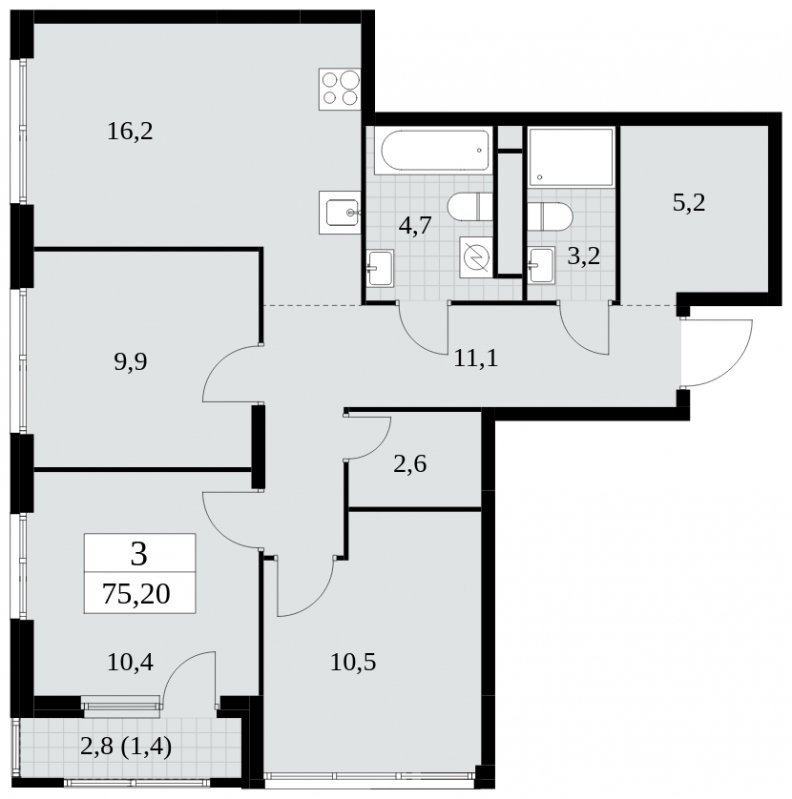 3-комнатная квартира с частичной отделкой, 75.2 м2, 28 этаж, сдача 2 квартал 2025 г., ЖК Южные сады, корпус 2.2 - объявление 1757666 - фото №1
