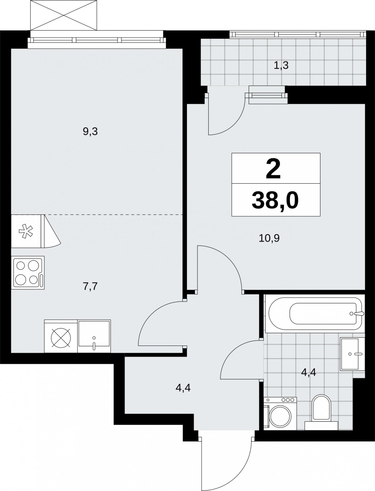 2-комнатная квартира (евро) без отделки, 38 м2, 7 этаж, сдача 1 квартал 2026 г., ЖК Дзен-кварталы, корпус 6.2.1 - объявление 2328383 - фото №1