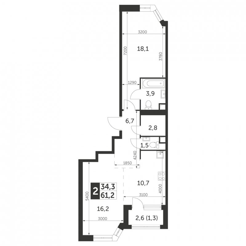 2-комнатная квартира с частичной отделкой, 61.2 м2, 10 этаж, сдача 4 квартал 2023 г., ЖК Архитектор, корпус 3 - объявление 1694290 - фото №1