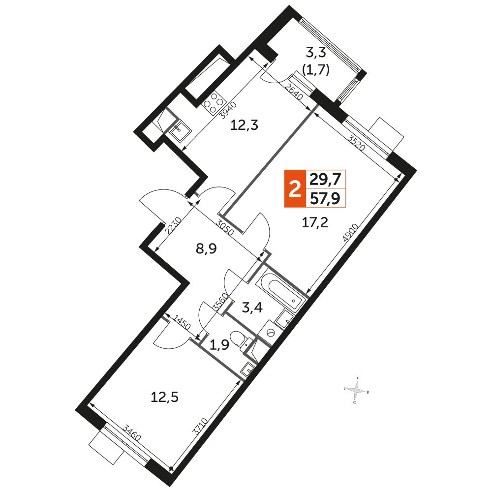 2-комнатная квартира с частичной отделкой, 57.8 м2, 1 этаж, дом сдан, ЖК UP-квартал Римский, корпус 7 - объявление 2359901 - фото №1