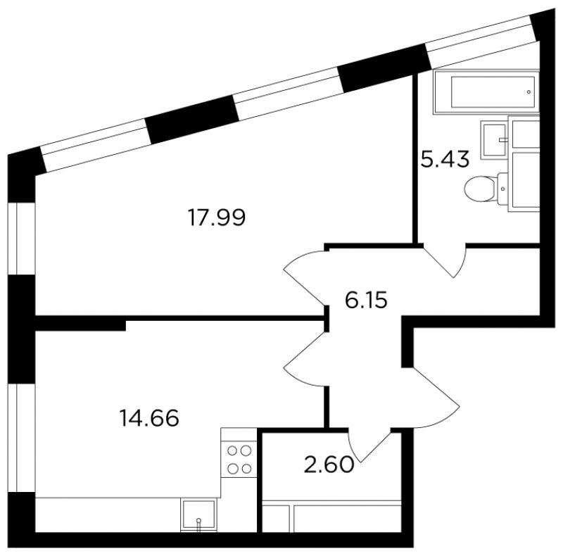 1-комнатная квартира без отделки, 46.83 м2, 5 этаж, дом сдан, ЖК КутузовGRAD 2, корпус 6 - объявление 1853445 - фото №1