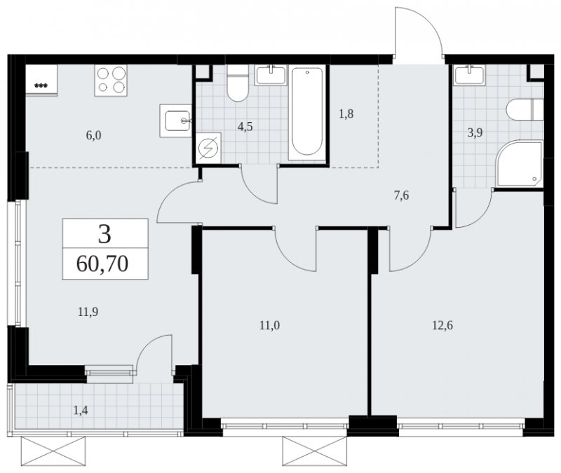 3-комнатная квартира (евро) без отделки, 60.7 м2, 2 этаж, сдача 4 квартал 2024 г., ЖК Скандинавия, корпус 35.2.2 - объявление 1840975 - фото №1