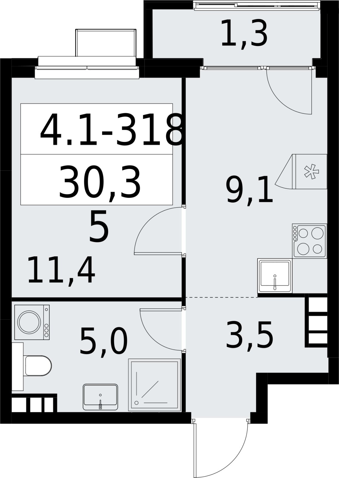 1-комнатная квартира с полной отделкой, 30.3 м2, 11 этаж, сдача 2 квартал 2027 г., ЖК Южные сады, корпус 4.1.2 - объявление 2392826 - фото №1