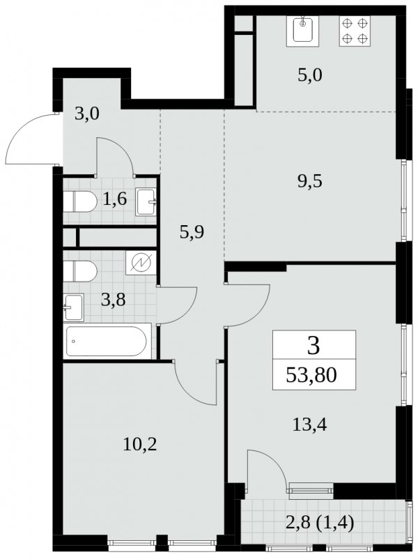3-комнатная квартира (евро) без отделки, 53.8 м2, 5 этаж, сдача 2 квартал 2025 г., ЖК Южные сады, корпус 2.4 - объявление 1760193 - фото №1