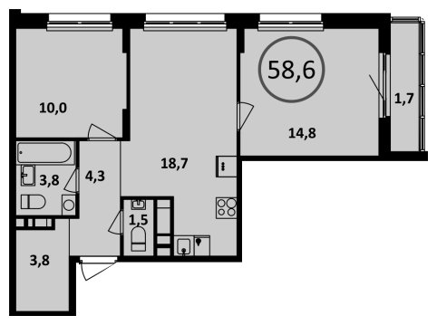 2-комнатная квартира с частичной отделкой, 58.6 м2, 15 этаж, сдача 1 квартал 2023 г., ЖК Испанские кварталы, корпус 6.3 - объявление 1410052 - фото №1