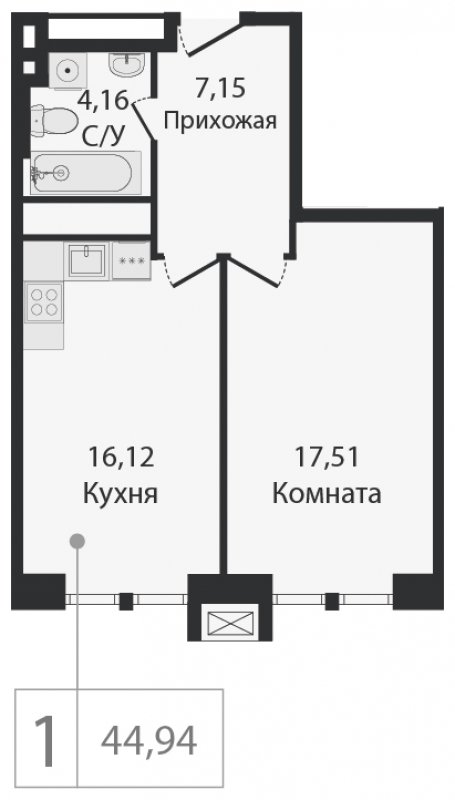 1-комнатная квартира без отделки, 44.94 м2, 17 этаж, сдача 2 квартал 2023 г., ЖК Dream Towers, корпус 1 - объявление 1800569 - фото №1