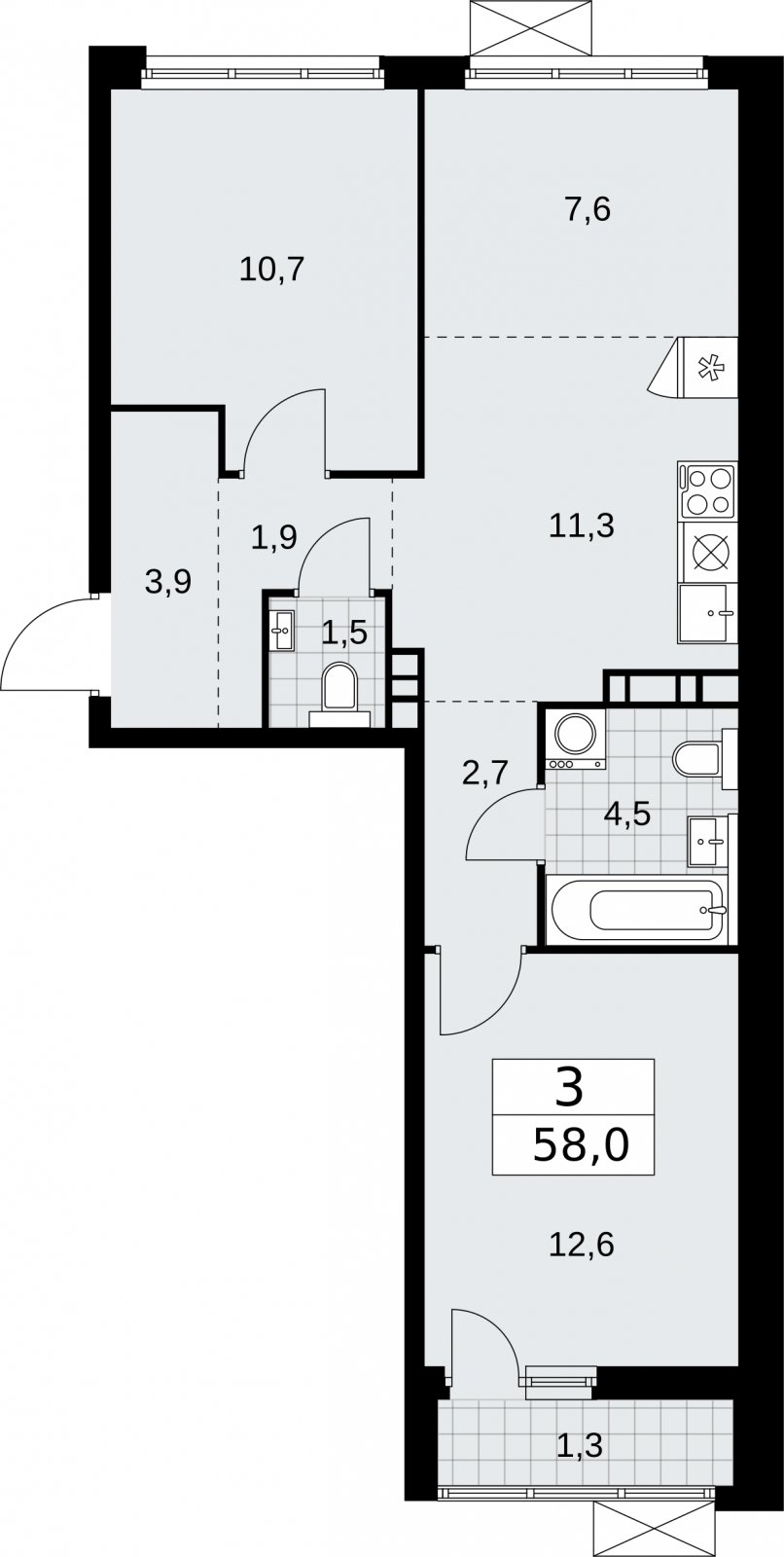 3-комнатная квартира (евро) без отделки, 58 м2, 5 этаж, сдача 2 квартал 2026 г., ЖК Бунинские кварталы, корпус 5.4 - объявление 2297686 - фото №1