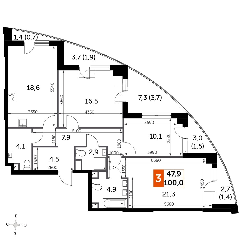 3-комнатная квартира с частичной отделкой, 100 м2, 14 этаж, сдача 3 квартал 2024 г., ЖК Sydney City, корпус 2.2 - объявление 2207354 - фото №1