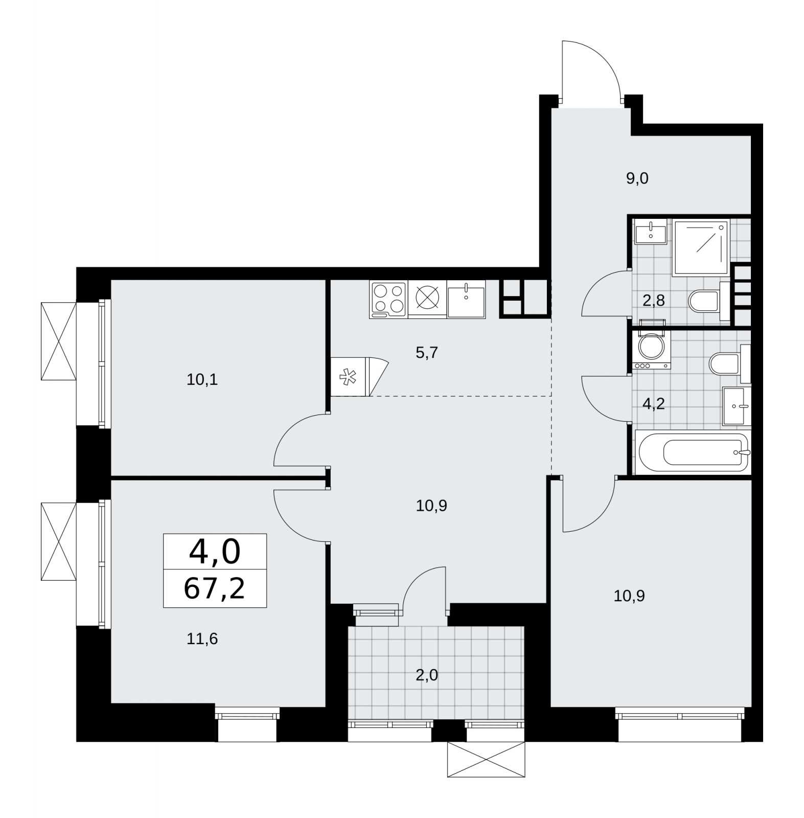 4-комнатная квартира (евро) с частичной отделкой, 67.2 м2, 6 этаж, сдача 1 квартал 2026 г., ЖК Бунинские кварталы, корпус 6.1 - объявление 2252387 - фото №1