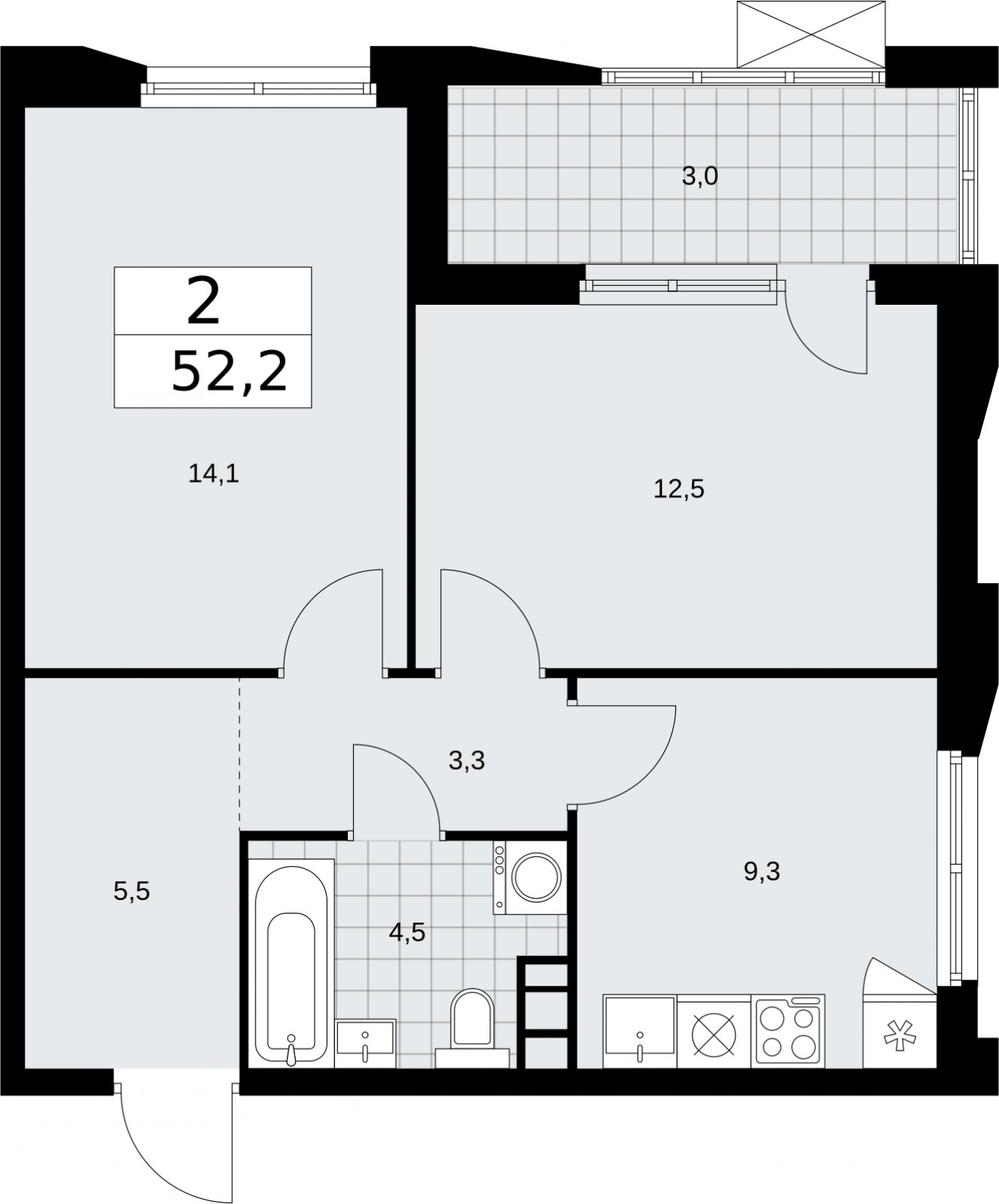 2-комнатная квартира без отделки, 52.2 м2, 11 этаж, сдача 2 квартал 2026 г., ЖК Бунинские кварталы, корпус 5.2 - объявление 2297388 - фото №1