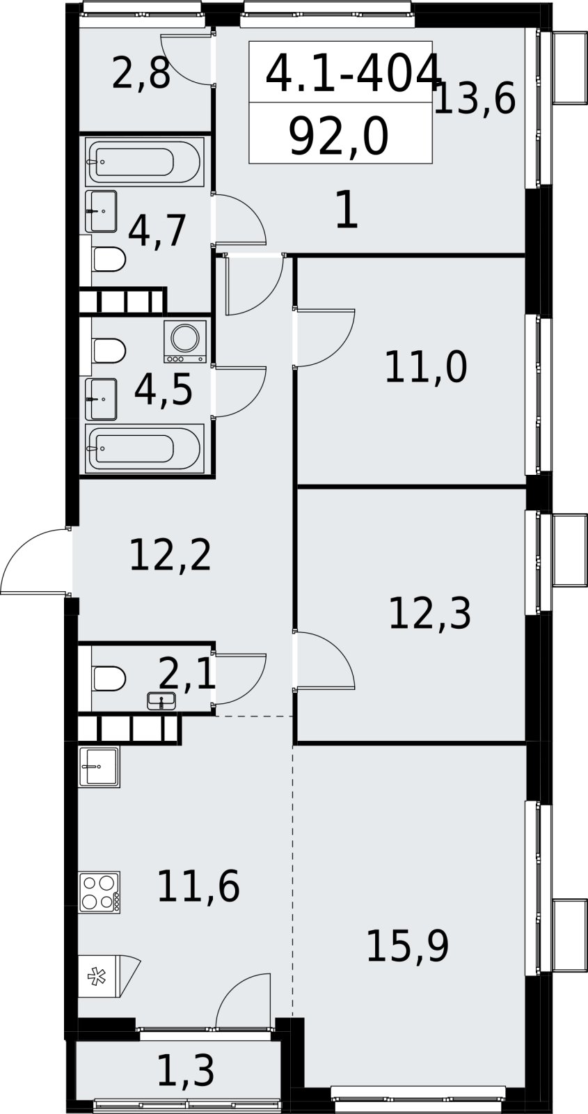 4-комнатная квартира (евро) с полной отделкой, 92 м2, 29 этаж, сдача 2 квартал 2027 г., ЖК Южные сады, корпус 4.1.2 - объявление 2392910 - фото №1