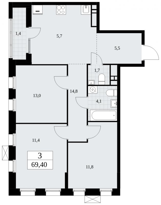 3-комнатная квартира с частичной отделкой, 69.4 м2, 13 этаж, сдача 1 квартал 2025 г., ЖК Дзен-кварталы, корпус 1.1 - объявление 1895577 - фото №1