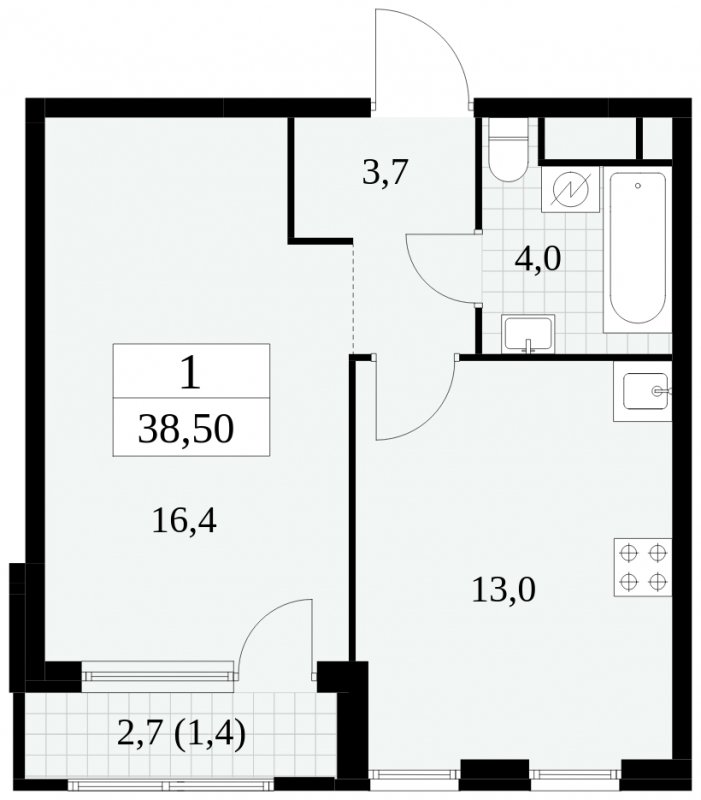 1-комнатная квартира без отделки, 38.5 м2, 13 этаж, сдача 2 квартал 2025 г., ЖК Южные сады, корпус 2.4 - объявление 1760334 - фото №1