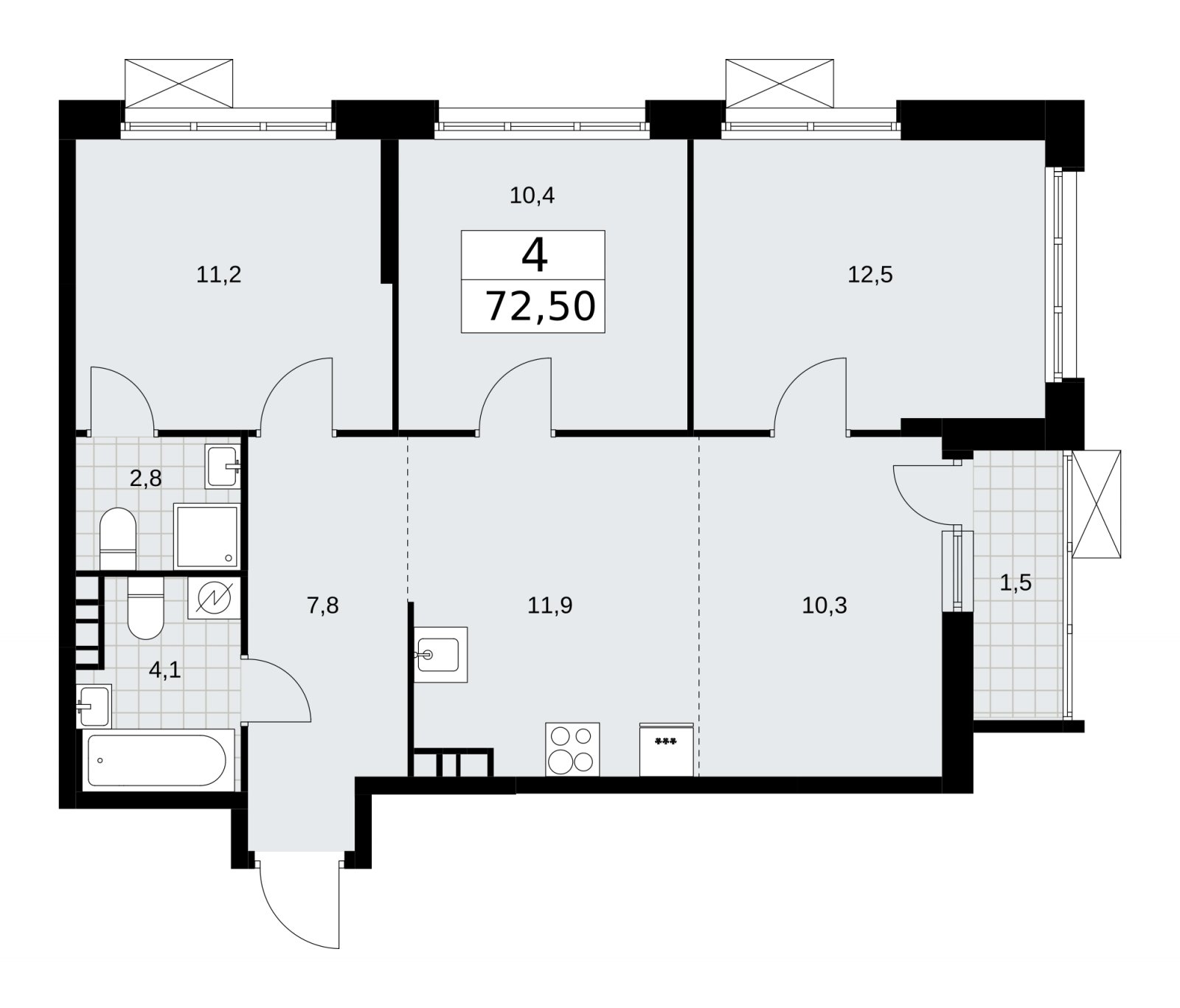 4-комнатная квартира (евро) без отделки, 72.5 м2, 5 этаж, сдача 3 квартал 2025 г., ЖК Скандинавия, корпус 28.2 - объявление 2202339 - фото №1