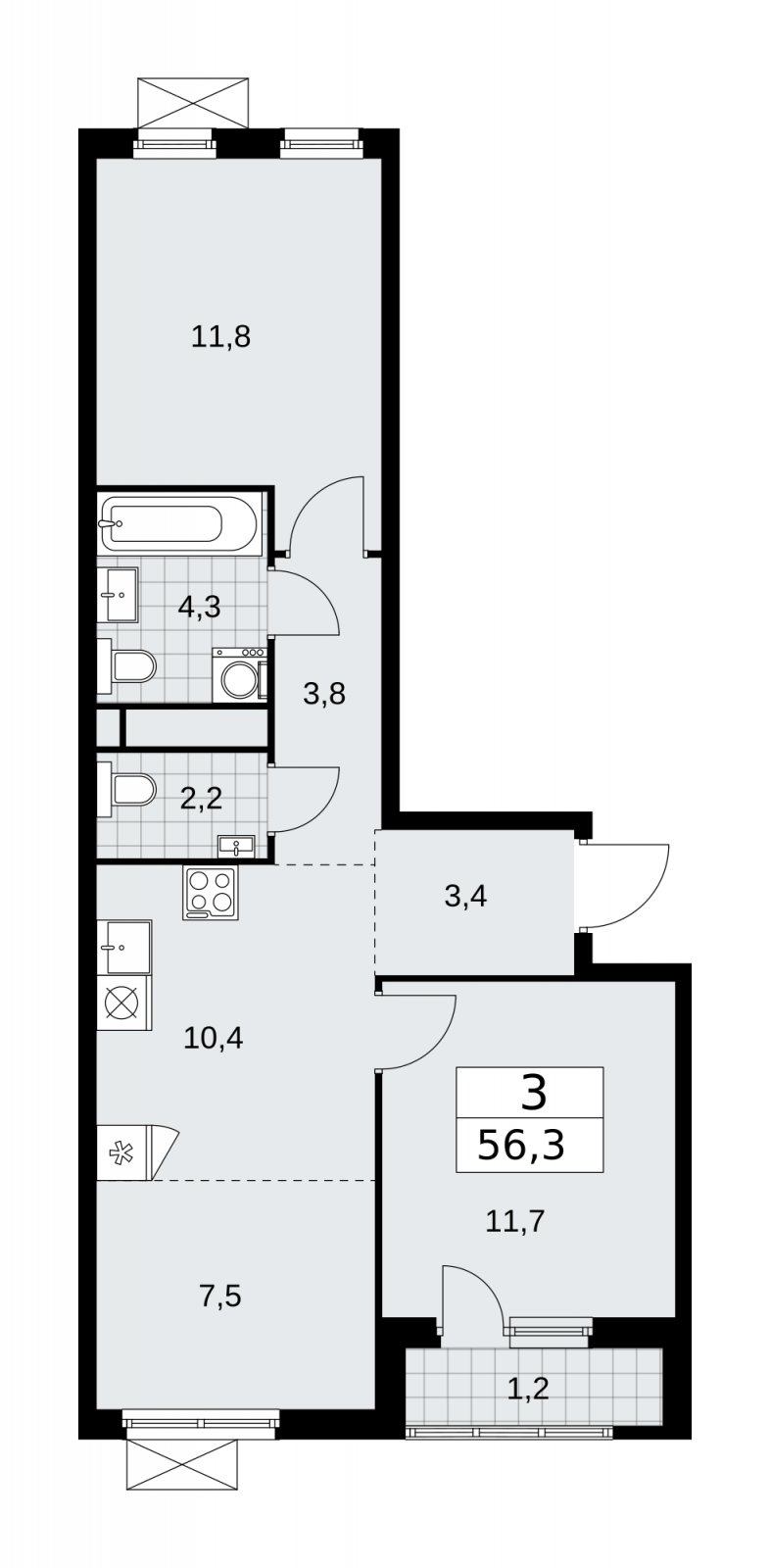3-комнатная квартира (евро) без отделки, 56.3 м2, 16 этаж, сдача 4 квартал 2025 г., ЖК Прокшино, корпус 11.1.4 - объявление 2257778 - фото №1