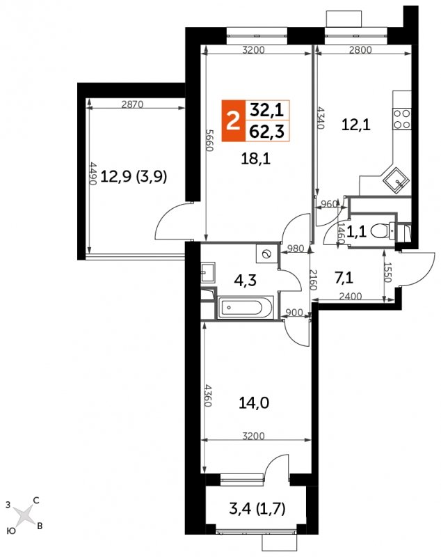 2-комнатная квартира без отделки, 62.3 м2, 10 этаж, сдача 4 квартал 2023 г., ЖК Датский квартал, корпус 2 - объявление 1695613 - фото №1
