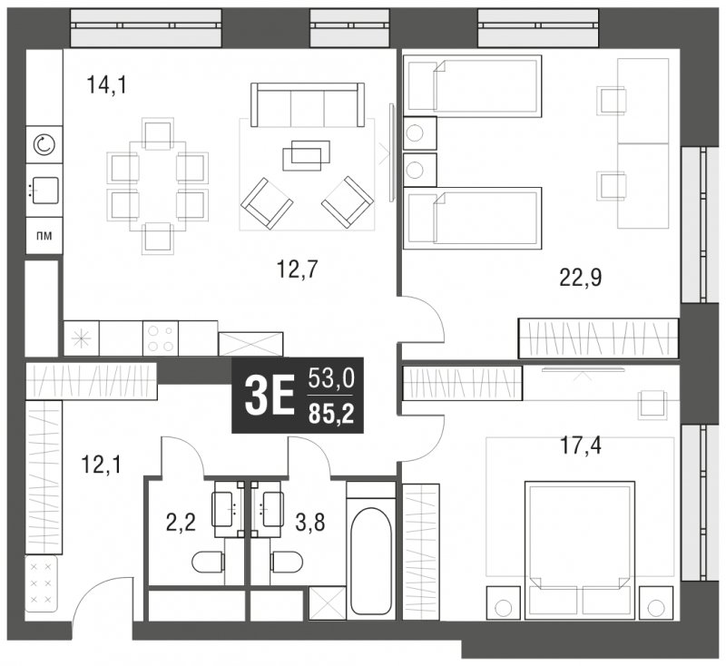 3-комнатная квартира (евро) с частичной отделкой, 85.2 м2, 22 этаж, сдача 2 квартал 2024 г., ЖК AFI Tower, корпус 1 - объявление 1930922 - фото №1