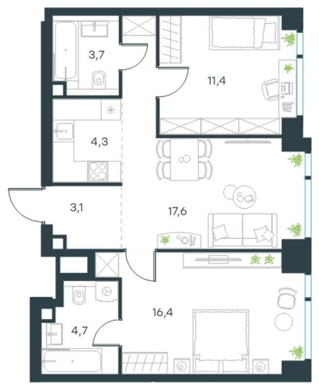 3-комнатная квартира (евро) без отделки, 61.2 м2, 8 этаж, сдача 4 квартал 2024 г., ЖК Level Мичуринский, корпус 4 - объявление 1645204 - фото №1