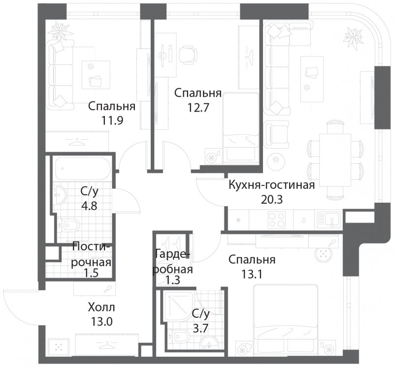 3-комнатная квартира без отделки, 82.3 м2, 13 этаж, сдача 3 квартал 2025 г., ЖК Nagatino i-Land, корпус 2 (3 очередь) - объявление 1786067 - фото №1