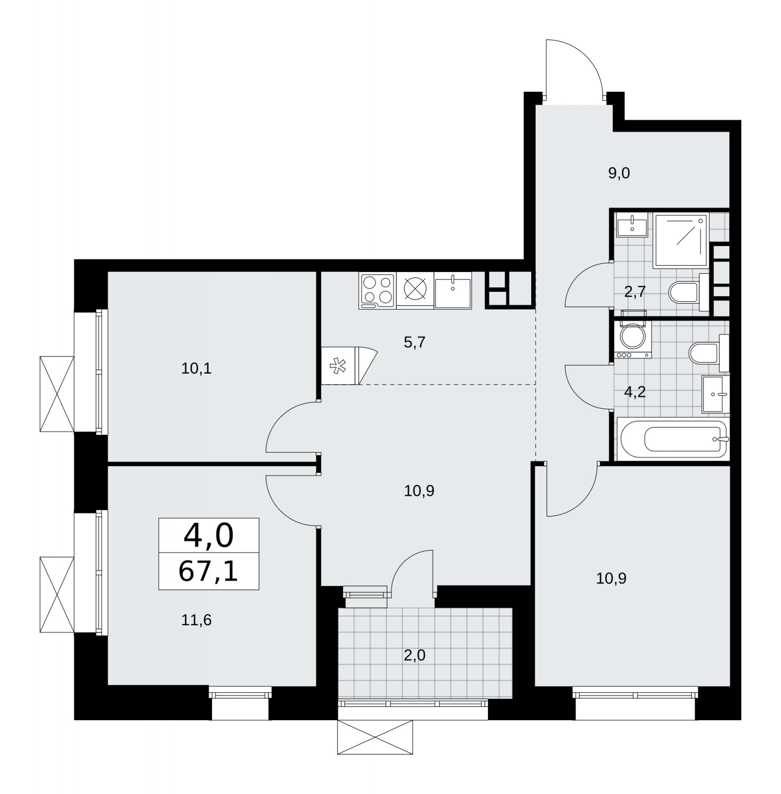 4-комнатная квартира (евро) с частичной отделкой, 67.1 м2, 15 этаж, сдача 1 квартал 2026 г., ЖК Бунинские кварталы, корпус 6.1 - объявление 2252480 - фото №1