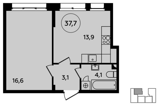 1-комнатная квартира без отделки, 37.7 м2, 2 этаж, сдача 4 квартал 2023 г., ЖК Скандинавия, корпус 2.23.6 - объявление 1515223 - фото №1