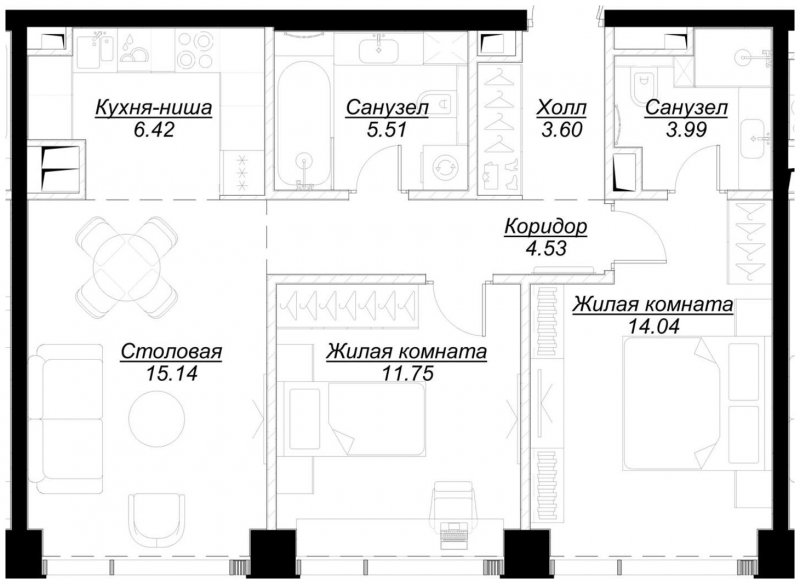 2-комнатная квартира с частичной отделкой, 64.85 м2, 29 этаж, сдача 4 квартал 2024 г., ЖК MOD, корпус Mod.D - объявление 1788380 - фото №1