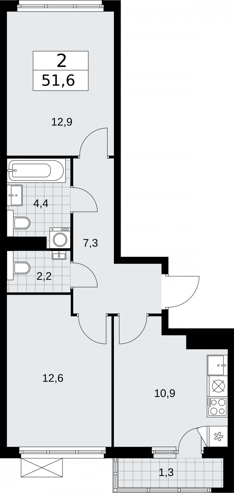 2-комнатная квартира без отделки, 51.6 м2, 12 этаж, сдача 2 квартал 2026 г., ЖК Бунинские кварталы, корпус 7.3 - объявление 2313800 - фото №1