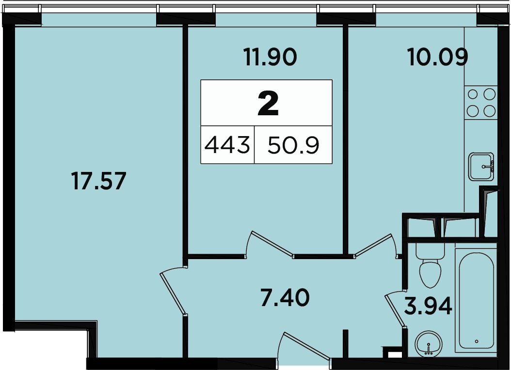 2-комнатные апартаменты 48.4 м2, 16 этаж, дом сдан, ЖК Легендарный Квартал на Березовой  аллее, корпус 3 - объявление 2335697 - фото №1