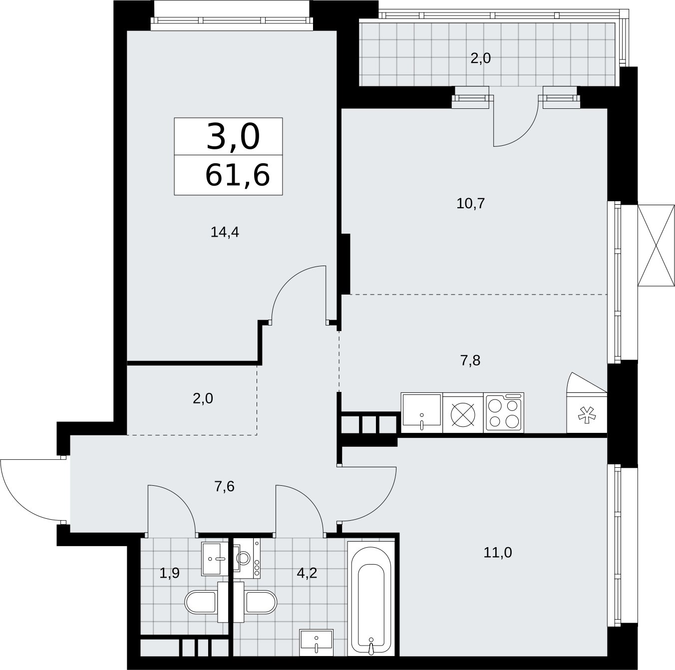 3-комнатная квартира (евро) с частичной отделкой, 61.6 м2, 4 этаж, сдача 2 квартал 2026 г., ЖК Прокшино, корпус 10.1.6 - объявление 2379186 - фото №1