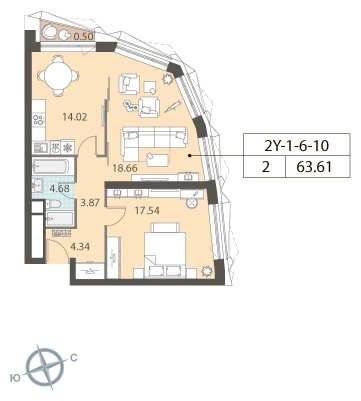 2-комнатная квартира 61.5 м2, 31 этаж, дом сдан, ЖК ЗИЛАРТ, корпус ZILART TOWER - объявление 1943809 - фото №1