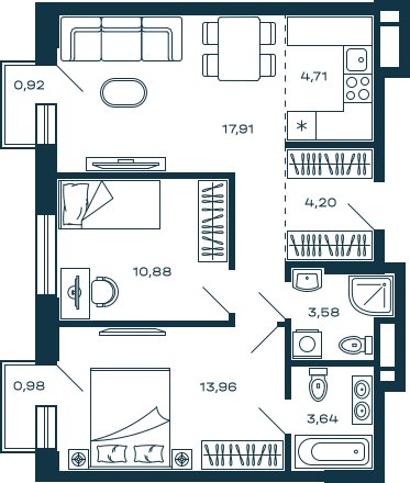 2-комнатная квартира без отделки, 59.45 м2, 6 этаж, сдача 3 квартал 2025 г., ЖК М_5, корпус 2 - объявление 2397418 - фото №1