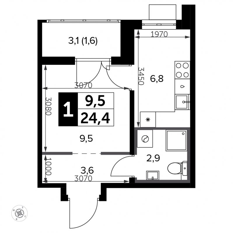 Студия с частичной отделкой, 24.4 м2, 14 этаж, сдача 3 квартал 2023 г., ЖК Южная Битца, корпус 11 - объявление 1818059 - фото №1