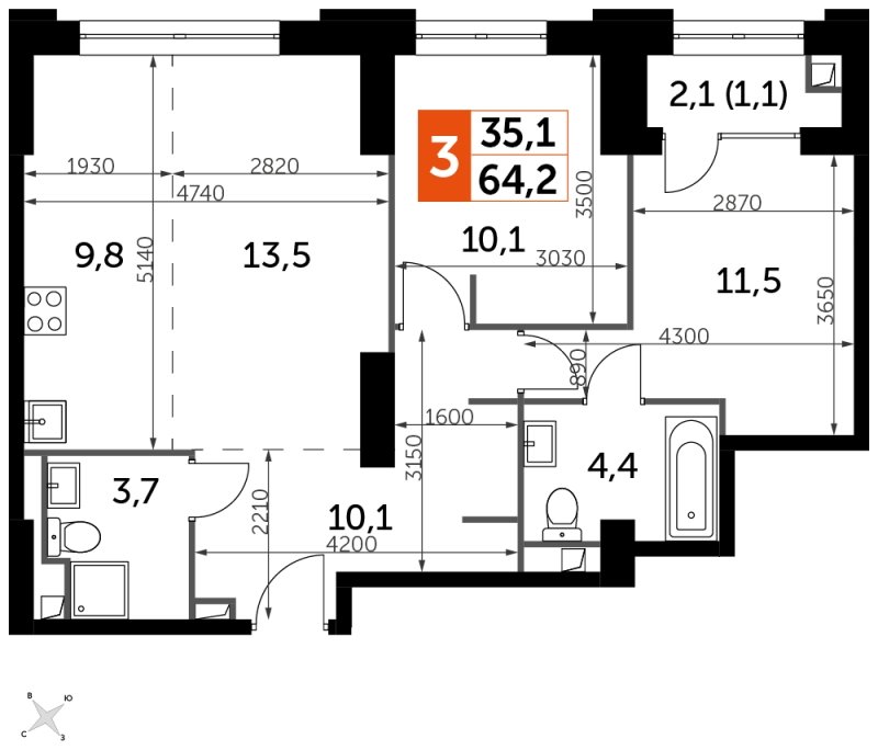 3-комнатная квартира с частичной отделкой, 64.2 м2, 2 этаж, сдача 1 квартал 2023 г., ЖК Sydney City, корпус 3 - объявление 1580513 - фото №1
