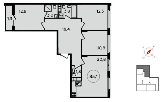 3-комнатная квартира с полной отделкой, 85.1 м2, 11 этаж, сдача 2 квартал 2022 г., ЖК Скандинавия, корпус 13.3 - объявление 1412472 - фото №1