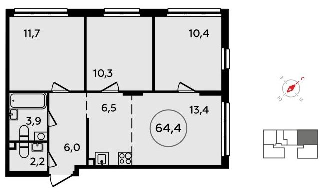 4-комнатная квартира (евро) без отделки, 64.4 м2, 2 этаж, сдача 4 квартал 2023 г., ЖК Скандинавия, корпус 2.15 - объявление 1517136 - фото №1