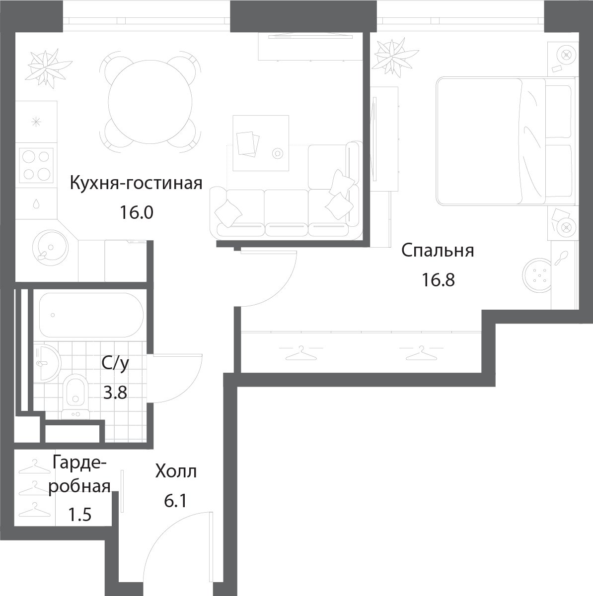 1-комнатная квартира без отделки, 43.7 м2, 22 этаж, сдача 3 квартал 2025 г., ЖК Nagatino i-Land, корпус 2 (3 очередь) - объявление 1978335 - фото №1