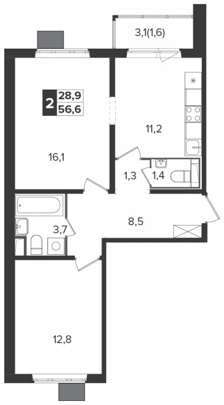 2-комнатная квартира с частичной отделкой, 56.6 м2, 14 этаж, дом сдан, ЖК Южная Битца, корпус 6 - объявление 1308582 - фото №1