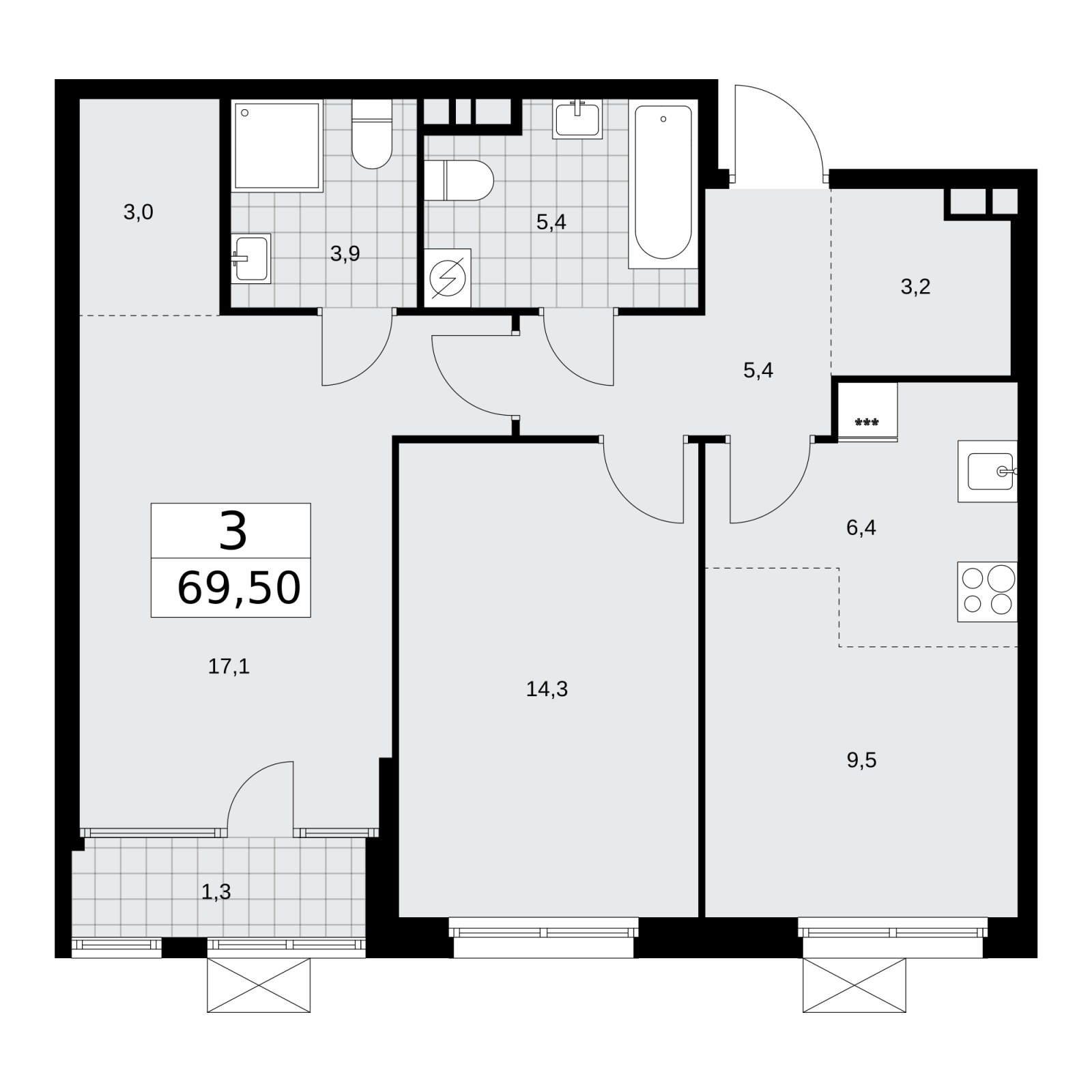 3-комнатная квартира (евро) с частичной отделкой, 69.5 м2, 6 этаж, сдача 1 квартал 2026 г., ЖК Дом на Зорге, корпус 25 - объявление 2221181 - фото №1